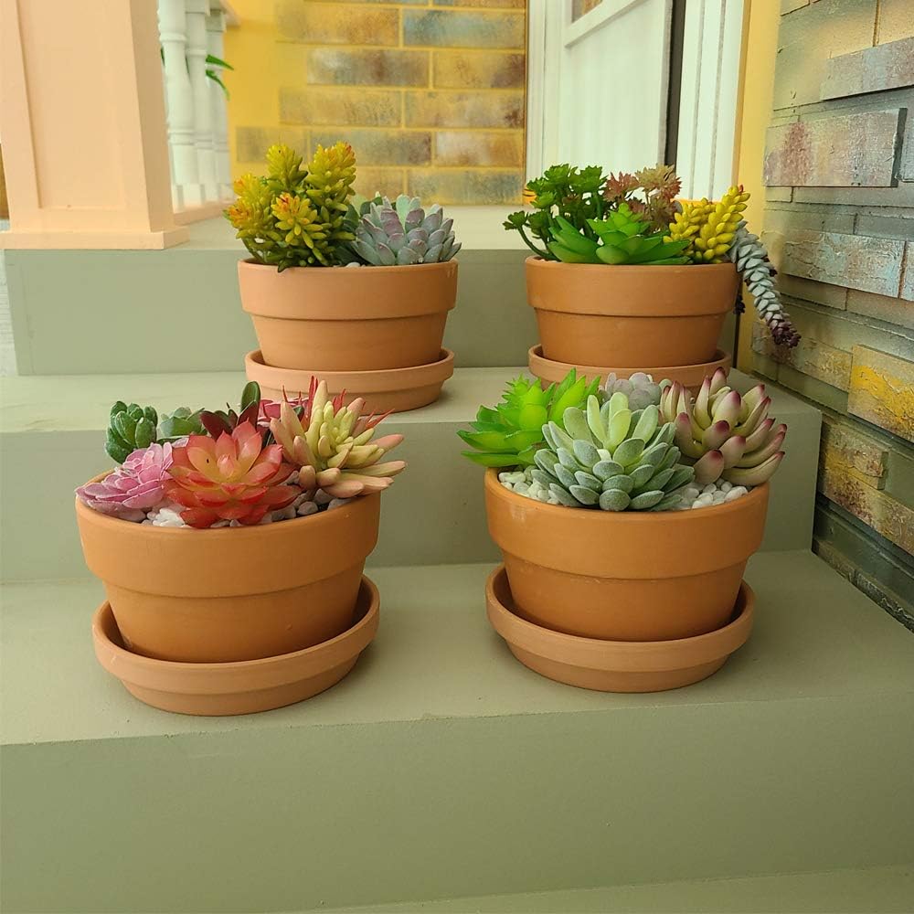 Yishang 6 Inch Terracotta Shallow Planters with Saucer/Tray,Ceramic Flower Clay Plant Pots with Drainage Hole,Unglazed Cactus/succlent Plant Containers Indoor Garden Bonsai Pots