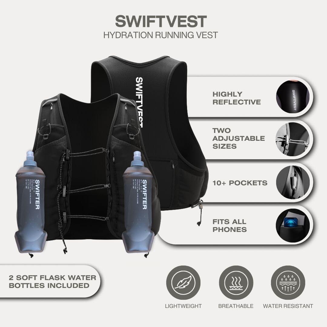 Gilet de course pour homme et femme | 2 flasques souples de 500 ml incluses | Plus de 10 poches pour accessoires | Sac à dos d'hydratation | Sac à dos léger | Essentiels de course | Conçu