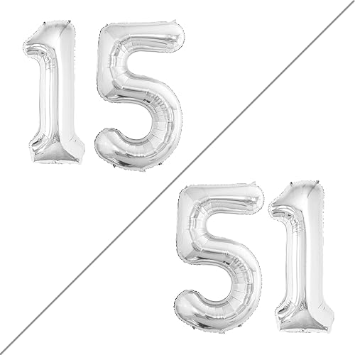 GOER Globos plateados de 42 pulgadas número 15 número 51 globos de helio de aluminio jumbo para decoraciones de fiesta de cumpleaños 15 o 51 y