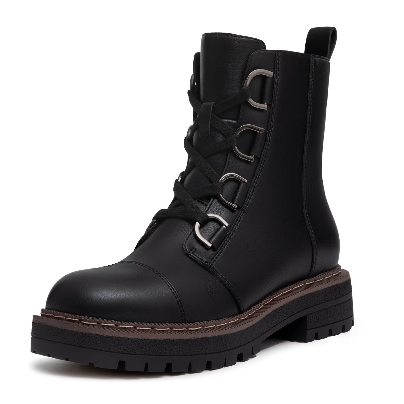 Athlefit Womens Lace-Up Combat Boots Platform Chunky Low Heel Lug Sole Ankle Booties