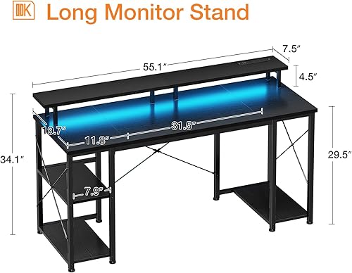 Miniatura 3 de ODK Escritorio para juegos de 55 pulgadas con luces LED y tomas de corriente, escritorio para computadora con soporte para monitor y estantes de