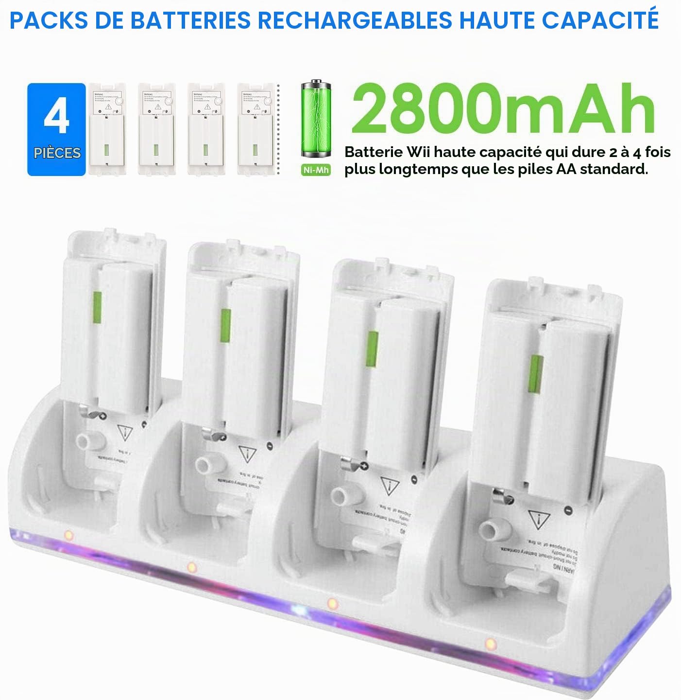 Puseky Station de Chargement pour Wii, 4 en 1 Manette Station de Chargement avec Indicateurs LED 4 pièces 2800mAh Batterie Rechargeable Paquet pour Télécommande Wii