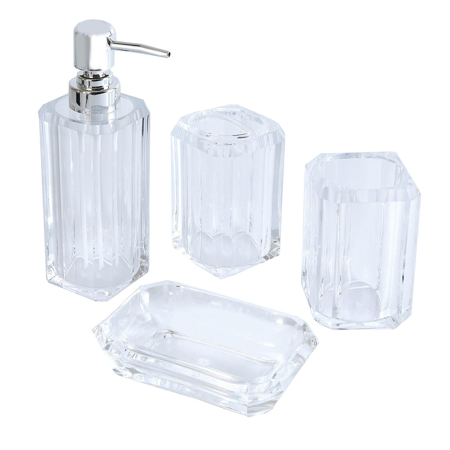 Coopers Of Stortford Transparent - Set Of 4 Acrylic Bathroom Accessories - Crystal Look - Durable - Includes Soap Dispenser