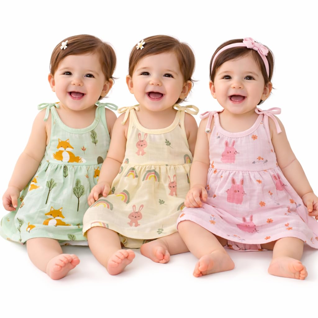 100% Muslin Cotton Baby Girl Muslin | Adjustable Knot Style Dyed Print Muslin Dress For Baby Girls | Soft, Breathable & Comfortable Dresses for Infants & Toddlers | Ideal for Daily Wear | Assorted-image-22