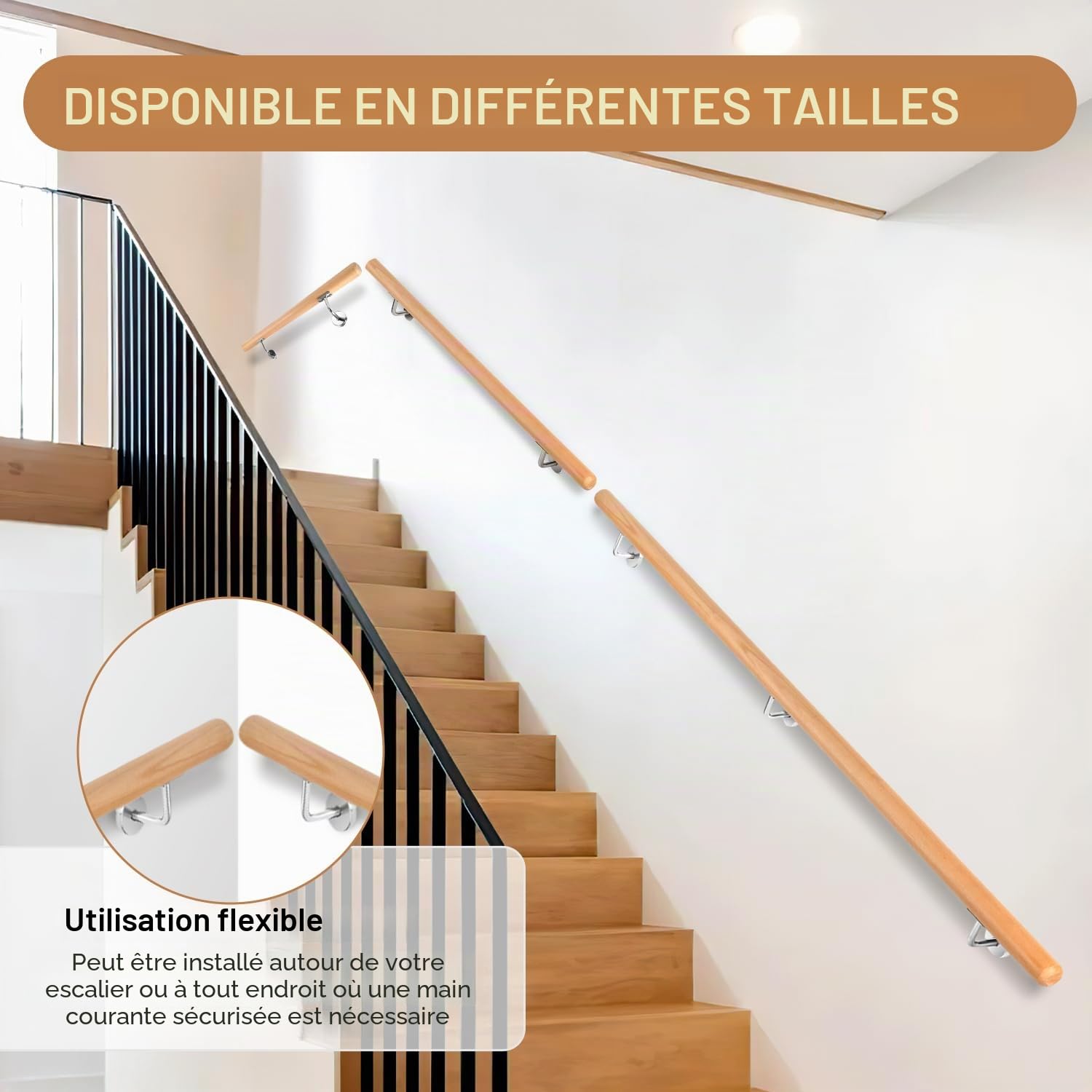 Main courante en bois de hêtre, 100 cm - Rampe murale avec support mural et embouts, main courante antidérapante en bois pour escalier ou balcon, Ø rond de 42 mm