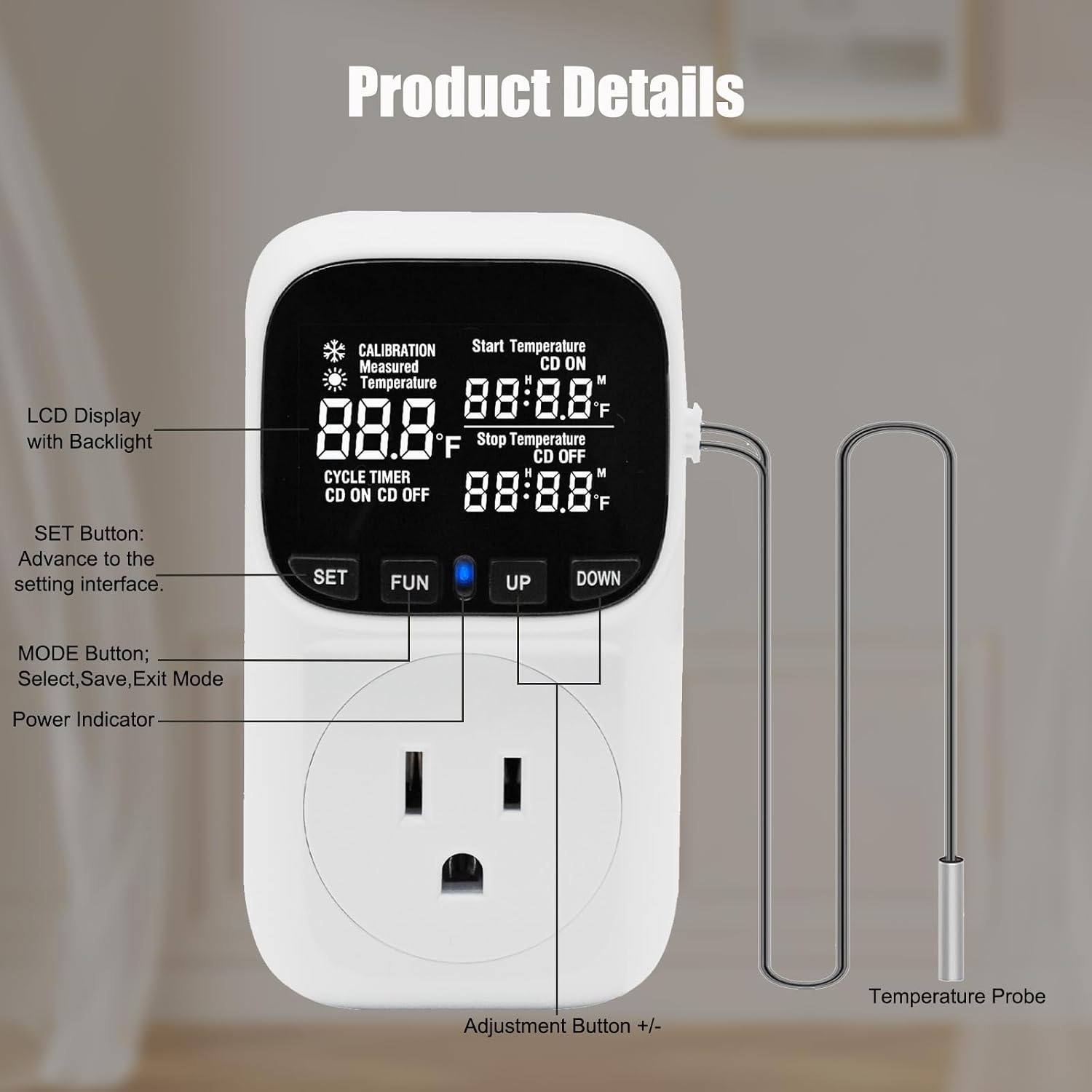 Digital Thermostat Outlet , 15A 1800W Digital Temperature Controller Plug in Heating Cooling Control Timer -40℉-210℉,for Greenhouse, Incubation, Homebrewing（Black LCD）