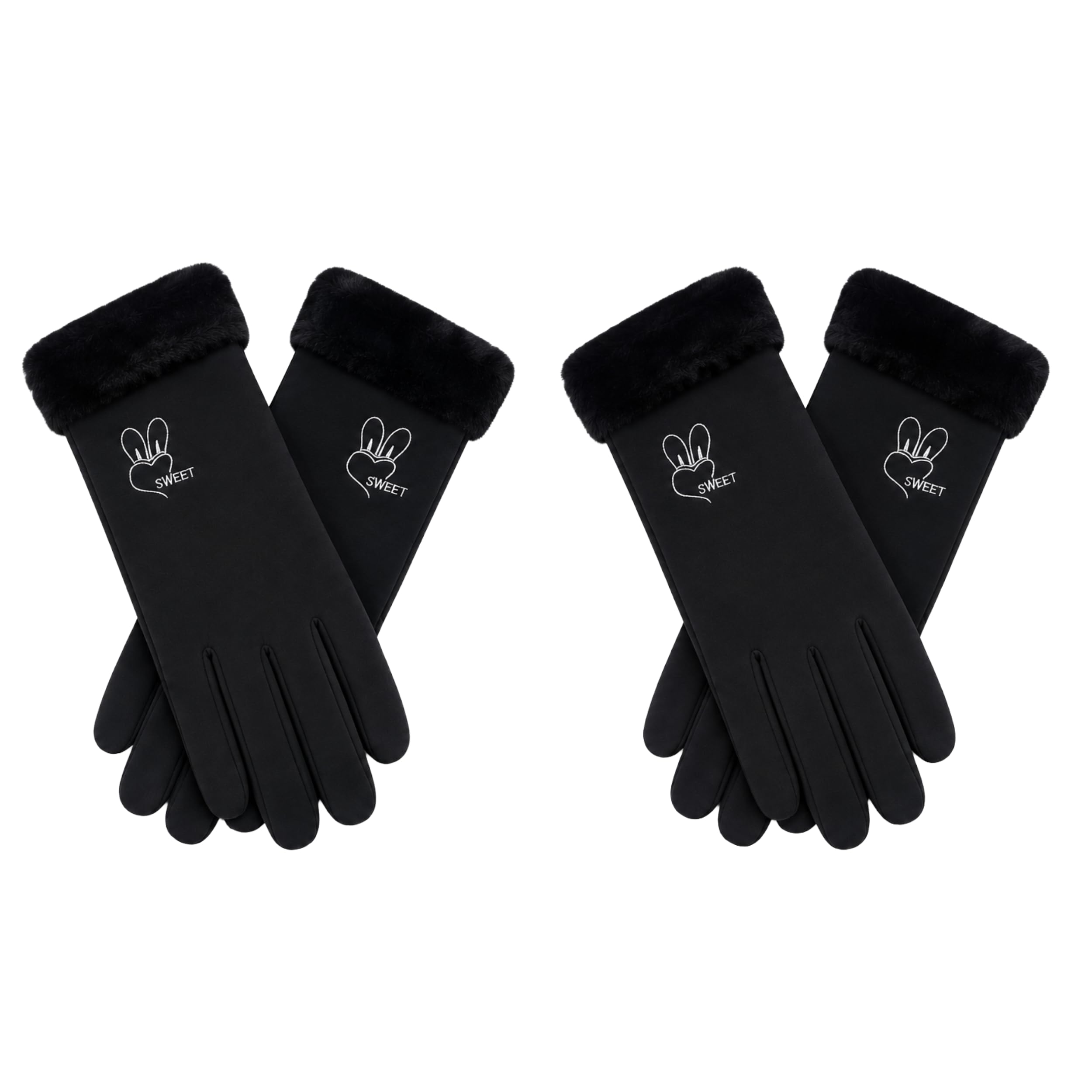 Winter Gloves for Women | Stylish Warm Full Finger Gloves with Faux Fur Trim, Cute Embroidered Rabbit & Heart Design, Soft Comfortable Cold Weather Handwear-image-7