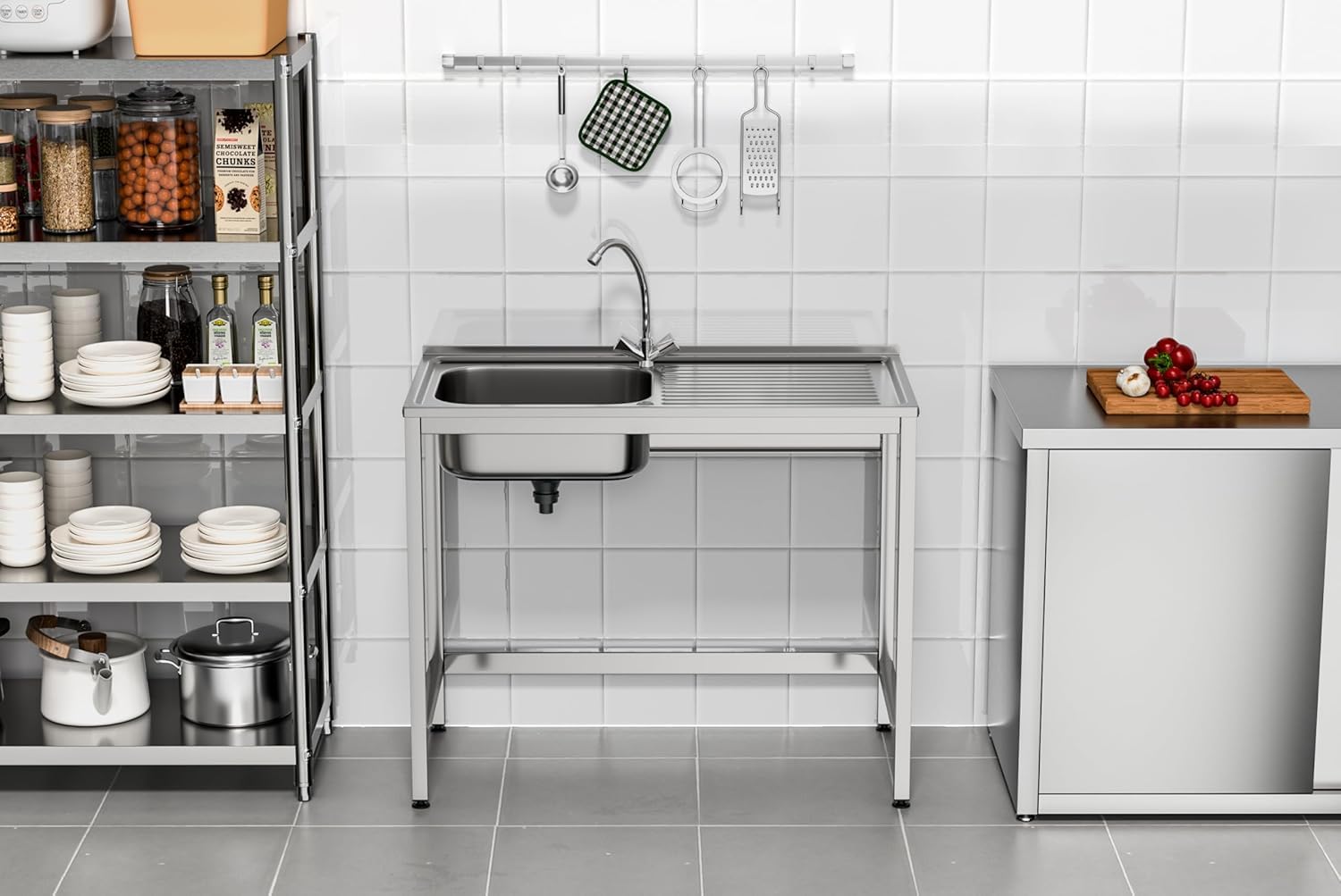 Fregadero Industrial Acero Inoxidable | 1 Seno con Escurridor | 800x500x850 mm | Acabado Pulido Satinado | Ideal Hostelería, Barra y Cocina Profesional (Derecha, Grifo monomando 2 aguas)