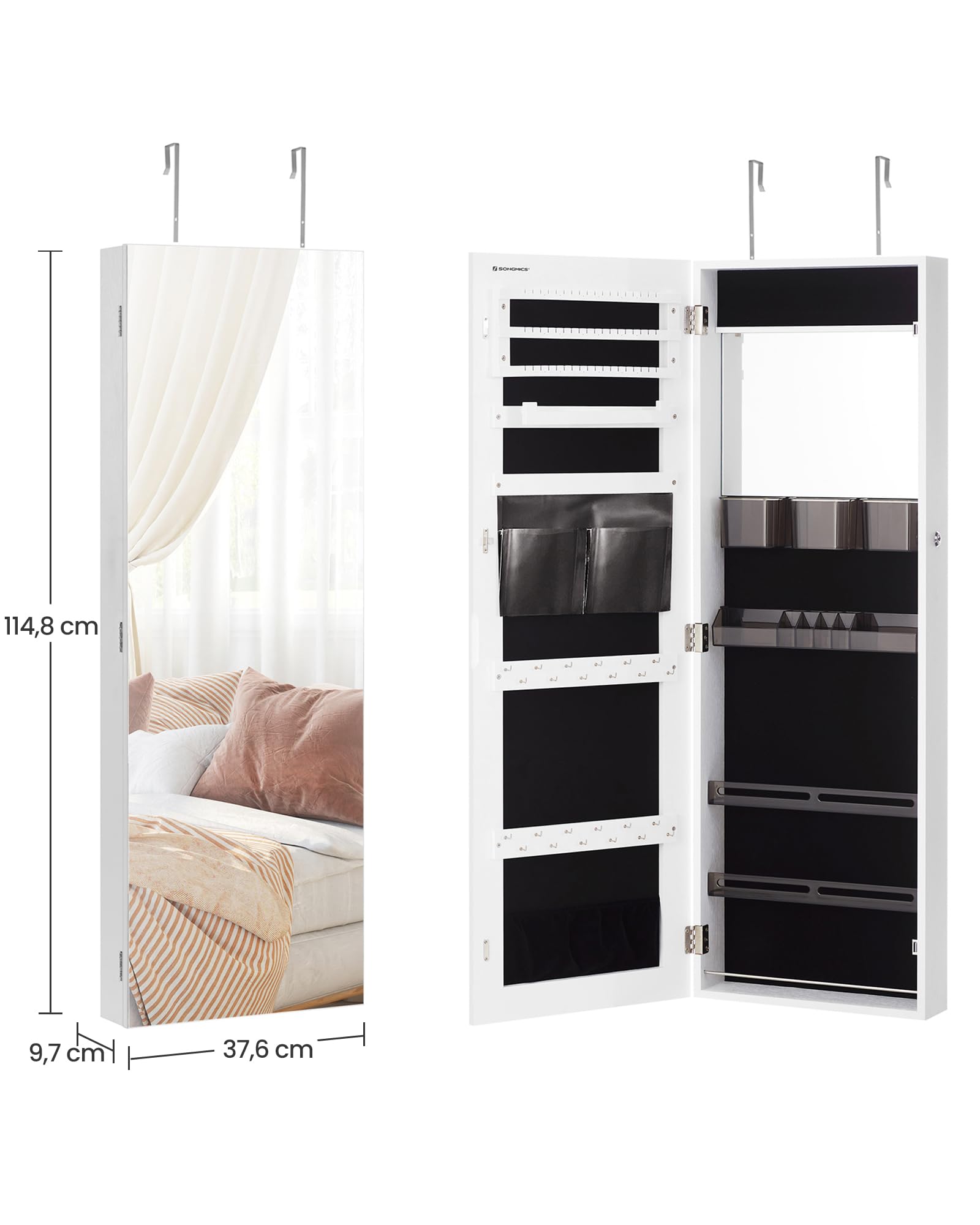 SONGMICS Armario Joyero con Espejo y Cerradura, Organizador de Puerta o Pared, Blanco Nube