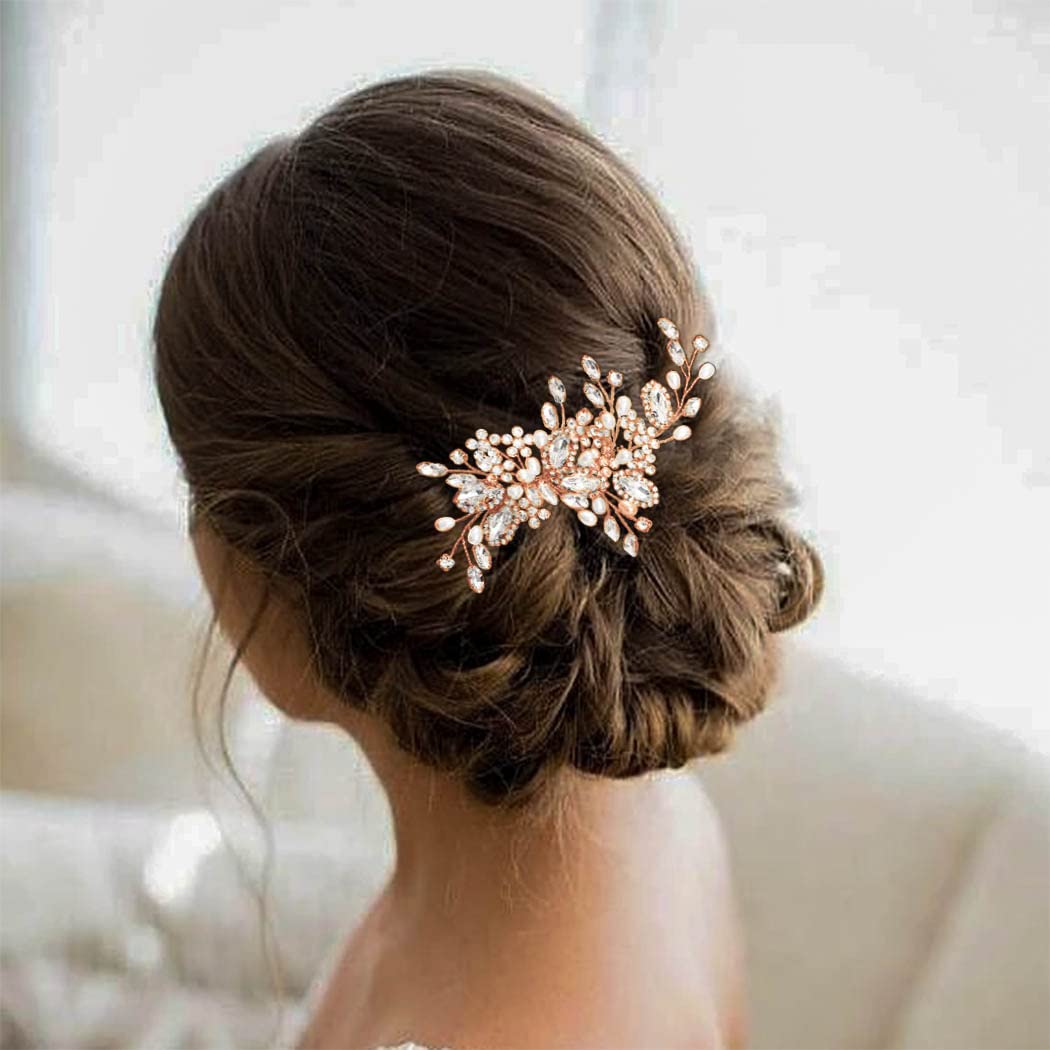 Casdre Crystal Bride Wedding Hair Comb Pearl Bridal Hair Piece Hair Accessories for Women and Girls (C Rose Gold) - Image 4