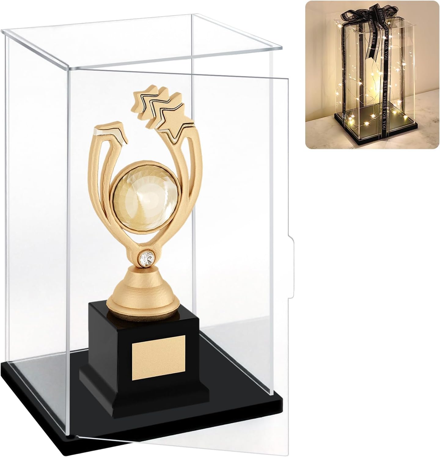 LANSCOERY Clear Acrylic Display Case with Ribbon, Assemble Vertical Display Box Stand with Thick Black Base, Dustproof Showcase for Collectibles Memorabilia Figurines (5.9x5.9x9.8inch;15x15x25cm)
