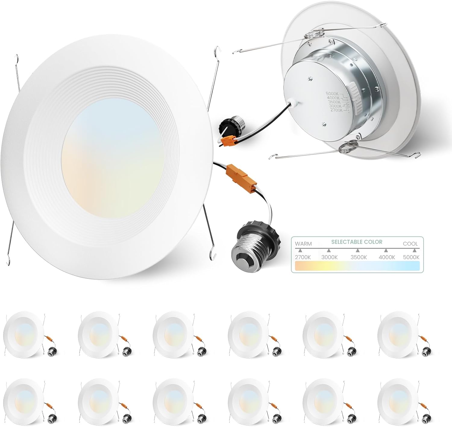 5/6 Recessed Lighting Led,12 Pack 5CCT Retrofit Led Can Lights,2700K/3000K/3500K/4000K/5000K,Dimmable,Baffle Trim,11W 1100LM,50000 Lifetime Hours,ETL & ES,White