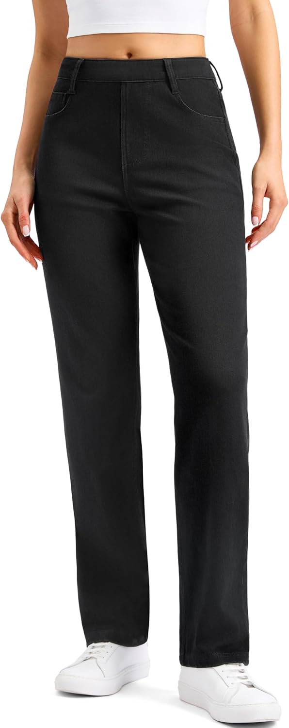 Rammus Straight Leg Jeans for Women Stretchy Pull on Sweatpant Jean Trendy Tummy Control High Waisted Denim Pants