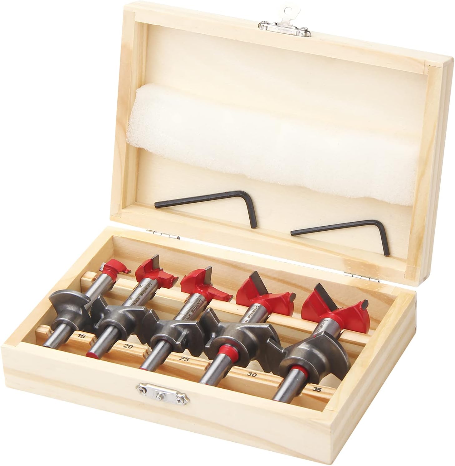 HPHOPE Forstner Bit Set 5Pcs Adjustable Positioning Drill, 15/20/25/30/35mm Forstner Bits for Wood Drilling, Cemented Carbide Woodworking Hole Saw with Depth Stoper (Depth Range 10-40mm)