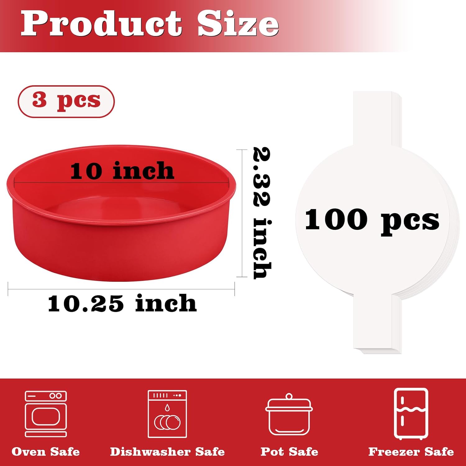 HUAKENER 10 Inch Round Cake Pan, 3 Pack Silicone Cake Molds with 100 Pieces Parchment Paper, Nonstick Cake Molds for Birthday Cakes, Layer Cakes, Cheese Caks, Chocolate Cakes - Image 3