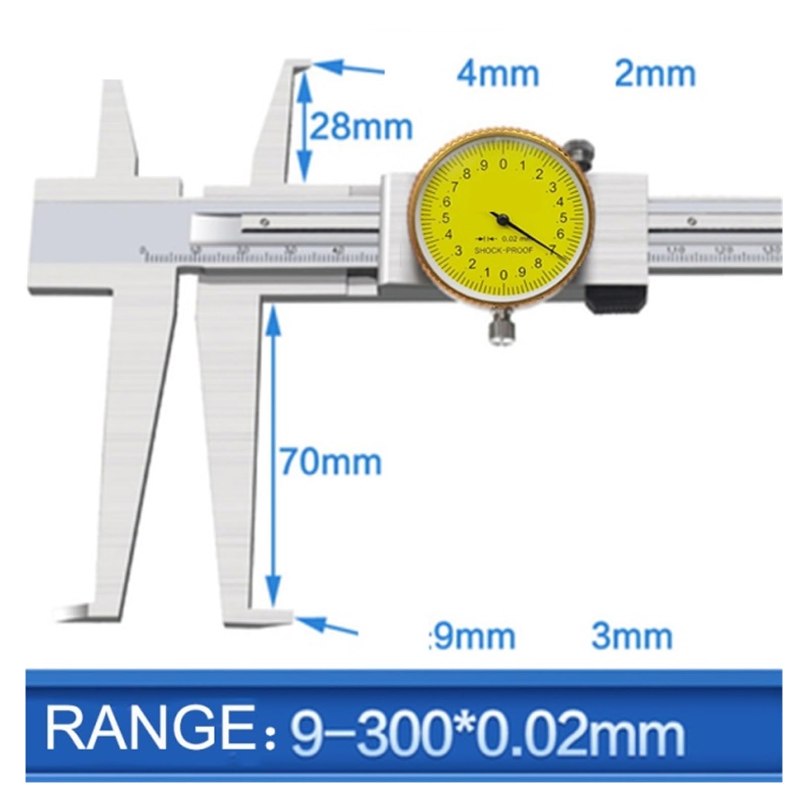 9-150mm/200mm/300mm 0.02mm Scanalatura Interna Quadrante Calibro A Corsoio Artigli Lunghi Strumenti di Misura Antiurto Bidirezionale(9-300mm dial)
