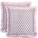 CPC Pink Sapphire Ruffle Throw Pillow Covers for Couch, 20x20 Inch Cotton Stripe Ruffle Couch Pillows for Living Room, Hidden 16 Inch Zipper Boho Pillow Case or Cute Outdoor Pillows