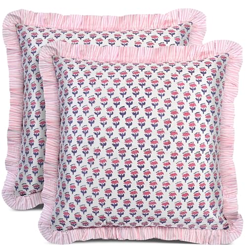 CPC Pink Sapphire Ruffle Throw Pillow Covers for Couch, 18x18 Inch Cotton Stripe Ruffle Couch Pillows for Living Room, Hidden 14 Inch Zipper Boho Pillow Case or Cute Outdoor Pillows