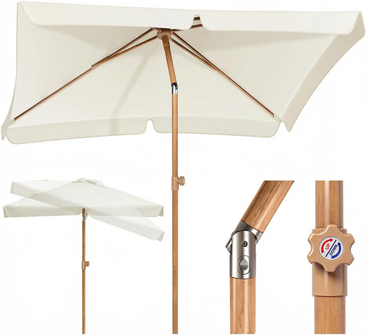 Sekey Sonnenschirm Balkon 200x125 cm Holzoptik, Sonnenschirm Rechteckig mit höhenverstellbar, 180g/m² Polyester UV50+, Aluminium-D