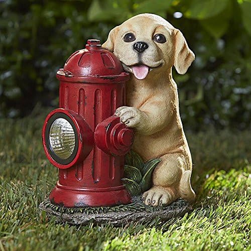 Dog with Fire Hydrant-Charming statue of puppy solar independent of weather conditions