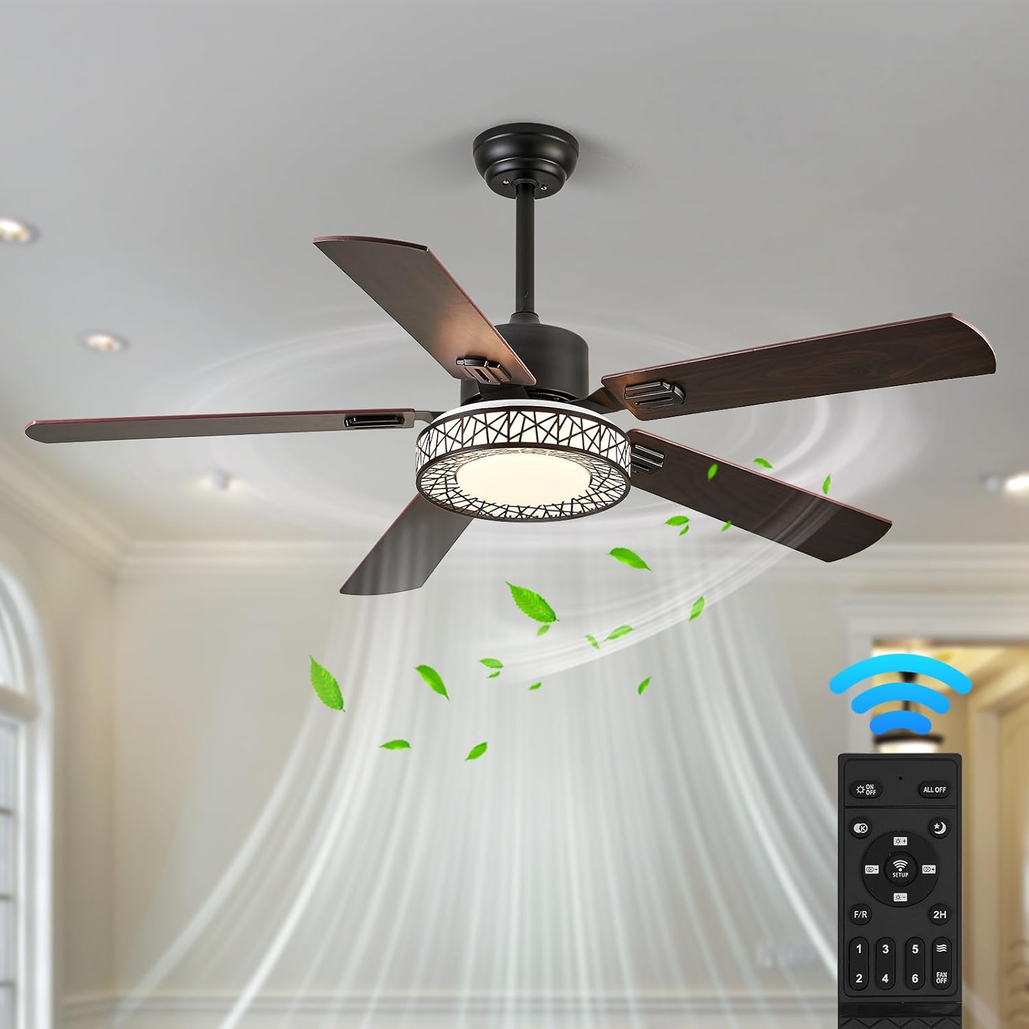 Ceiling Fan with Lights Remote Control, 52 Inch Black LED Smart Ceiling Fans Indoor/Outdoor Farmhouse Ceiling Fans for Patio Living Room, 5 Walnut Blades Reversible DC Motor with 6 Speed
