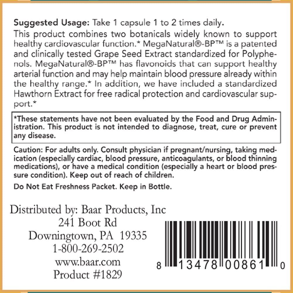 Baar Nature’s Blessing Blood Pressure Advantage Capsules, Vegetarian Formula with Antioxidants to Support Arterial Function and Cardiovascular Health, Grape Seed & Hawthorn Extracts, 90 per Bottle