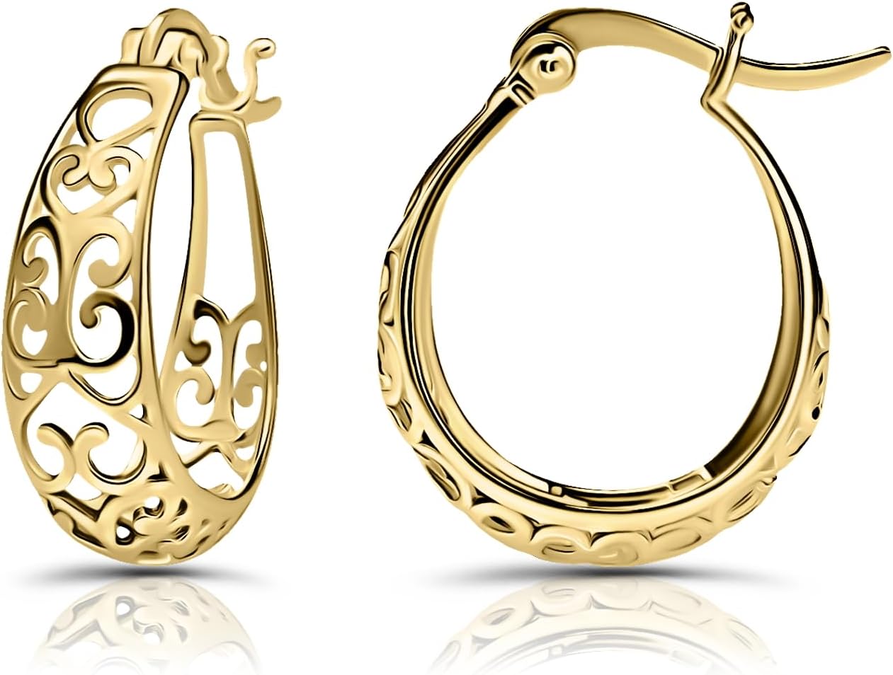 Hoops & Loops 925 Sterling Silver Heart Filigree 20mm Oval Hoop Earrings for Women, Silver, Yellow, Rose Gold, Black