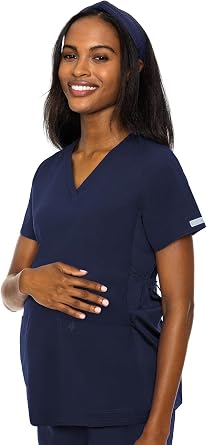 Med Couture Maternity V-Neck Scrub Top Soft 360 Stretch Pregnancy Scrubs with Adjustable Waist & Pockets MC8459