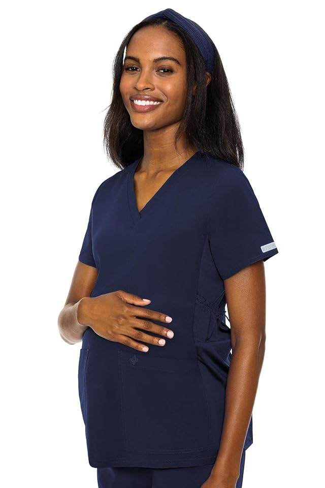 Med Couture Maternity V-Neck Scrub Top Soft 360 Stretch Pregnancy Scrubs with Adjustable Waist Pockets MC8459