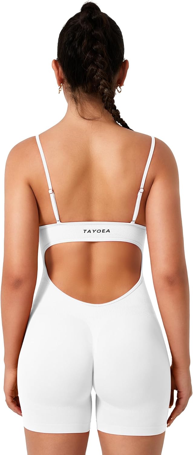 TAYOEA One Piece Jumpsuits for Women Workout Backless Jumpsuit Seamless Tummy Control Sleeveless Short Yoga Rompers White,S - Image 6