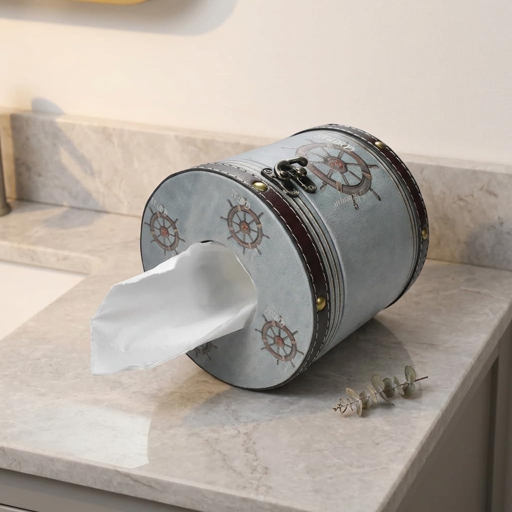 Toilet Paper Roll Cover with Lid PU Leather Wood Bathroom Storage