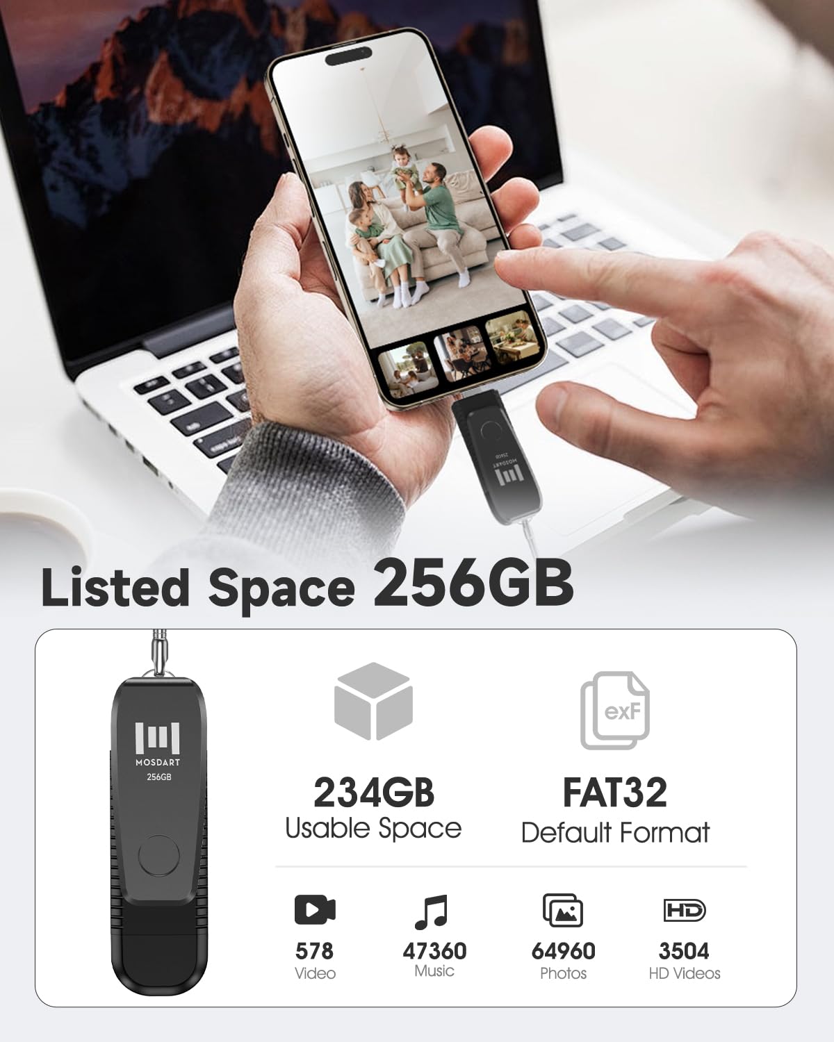 MOSDART Chiavetta USB C e A 3.1 da 256 GB, con portachiavi, colore: nero