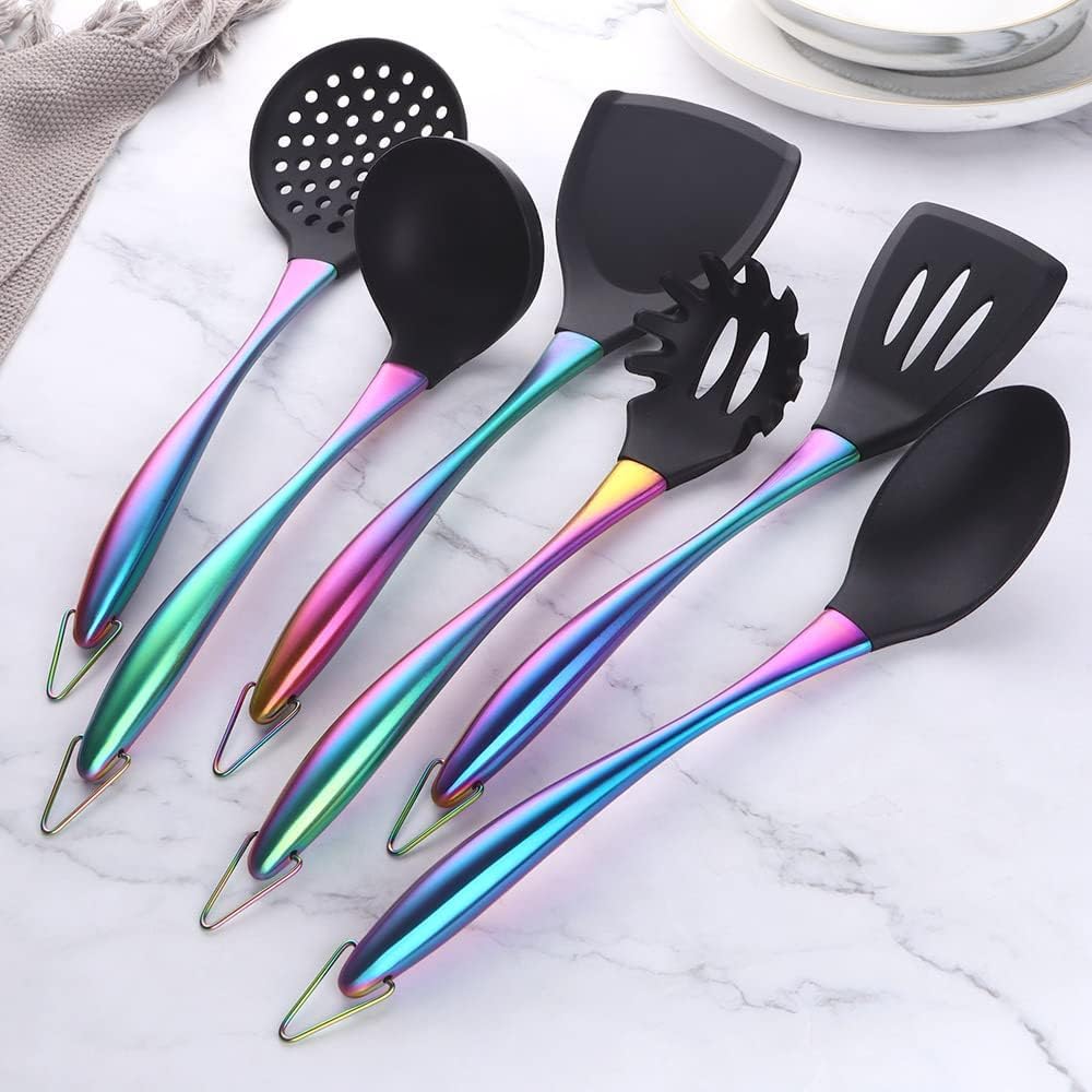Silikon-Küchenhelfer-Set, 7-teilig, Kochutensilien mit Halter, hitzebeständig und kratzfest, Schöpflöffel, Nudelheber, Löffel, Pfannenwender, Regenbogenfarben