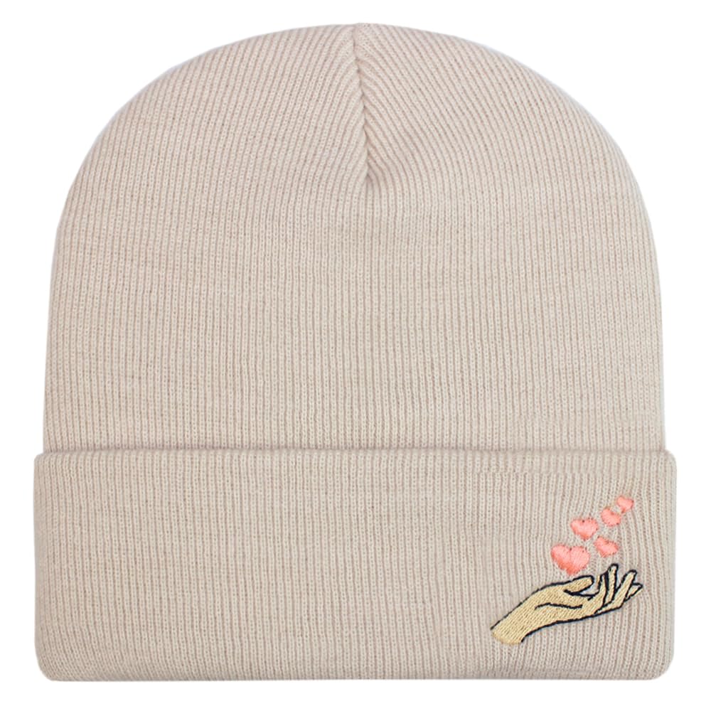 Teddyt's Women's Sand Hand & Hearts Embroidered Soft Rib Beanie Hat