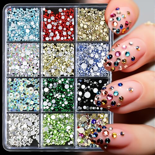 2500pcs Colorful Rhinestones for Nails, 1.5~4mm Mini Nail Rhinestones for Crafting 12 Grid Colored Rinestones Set Nail Gems and Charms for Nails Design Flatback Gems for Crafts Glass Rhinestone Kit