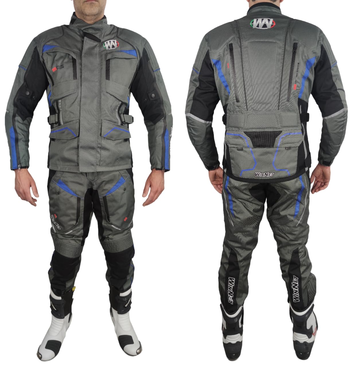 WinNet Tuta Completo Moto in Cordura Giacca e Pantalone con Protezioni Omologate C.E. impermeabile anti acqua pioggia e freddo 4 stagioni invernale ma sfoderabile in primavera estate JTblu