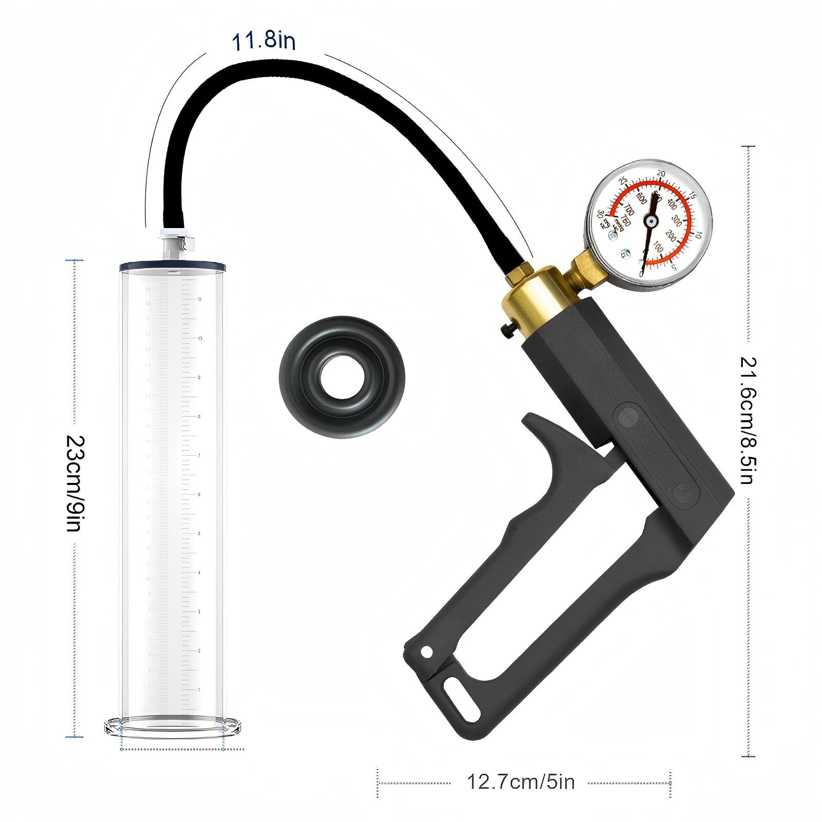 Pompe a Penis Sex Toys Pompes à Pénis avec Poignée en Nylon et Manomètre Extenseur de Pénis Masculin Manuel avec 7 Anneaux de Pénis en Silicone pour l'érection du Pénis Agrandir son Pénis (5.1cm)