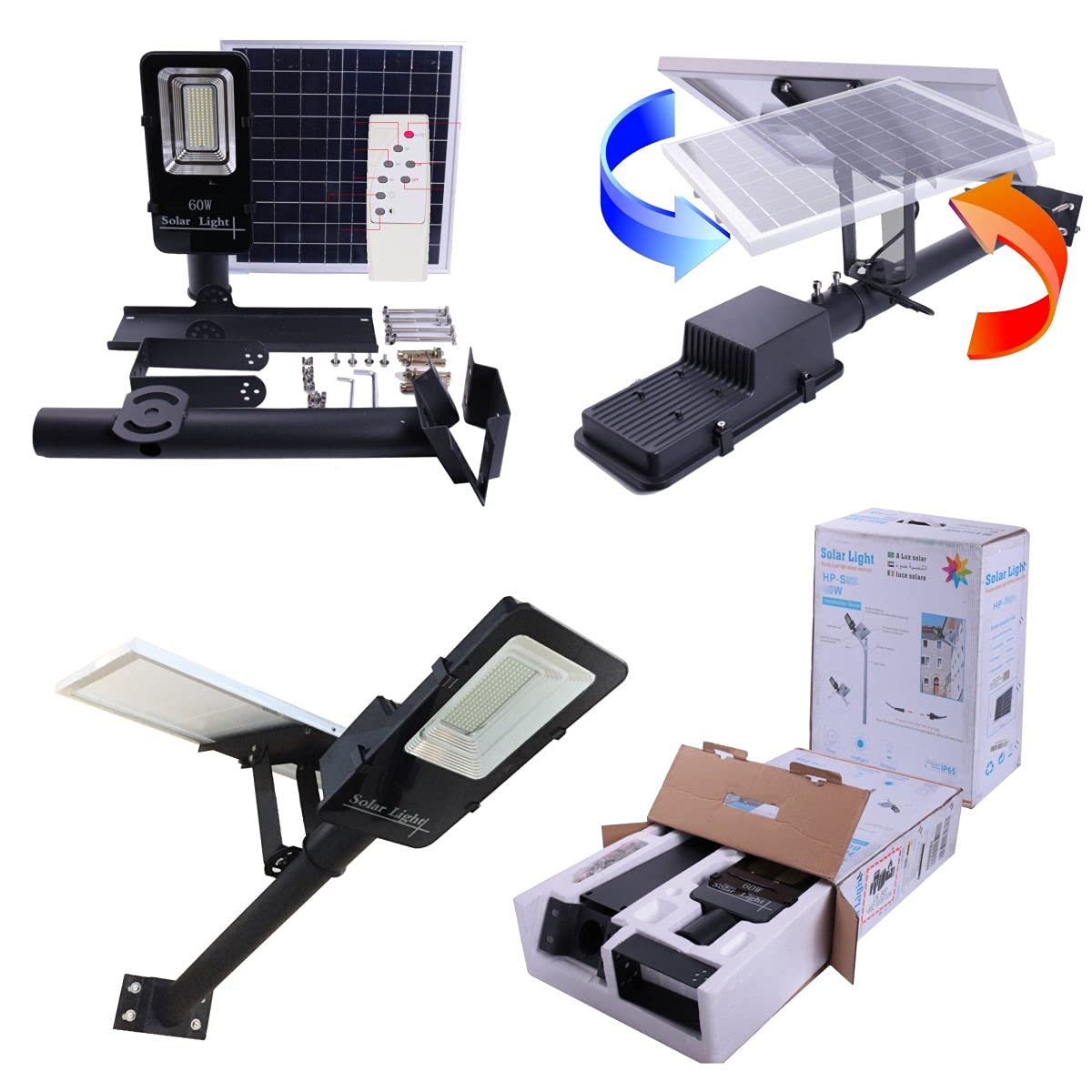 Lampa solarna LED/lampa uliczna z dopasowanym modułem solarnym. 60 W. 6000 K. Do użytku na zewnątrz i baterii litowo-jonowej. Z pilotem zdalnego sterowania