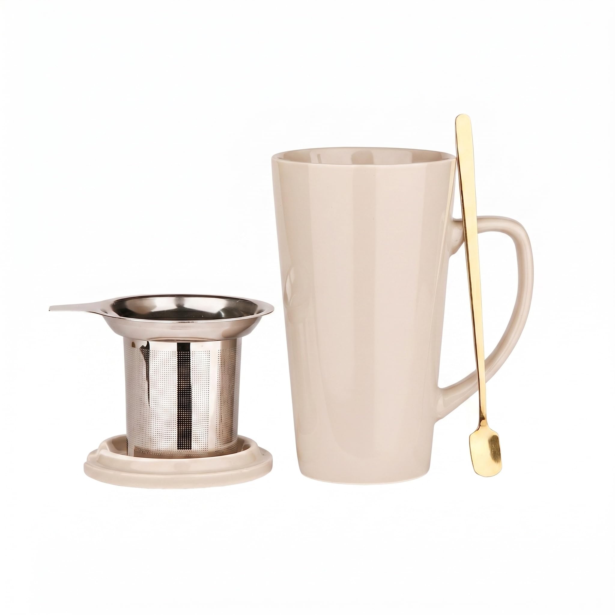 LOAMCRAF 15 Ounce Porcelain Tea Mug with Infuser, Lid and Spoon, Loose Leaf Tea Cup (Grey)