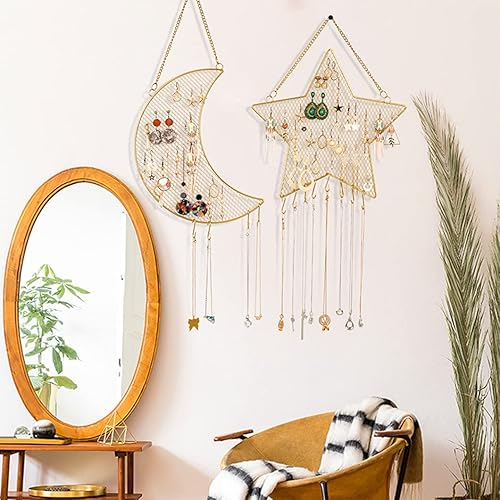 Miniatura 7 de Rolin Roly Soporte de pared para pendientes de pared, organizador de pendientes colgante con 3 ganchos en forma de luna para exhibición, pulsera