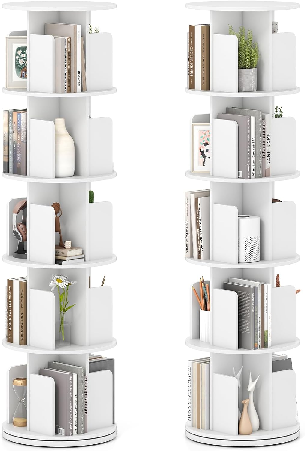 Giantex 5-Tier Rotating Bookshelf Set of 2, 360° Display Rack w/Dividers & Anti-Falling Baffles, Multifunctional Narrow Freestanding Bookcase, Storage Organizer for Living Room Bedroom, White