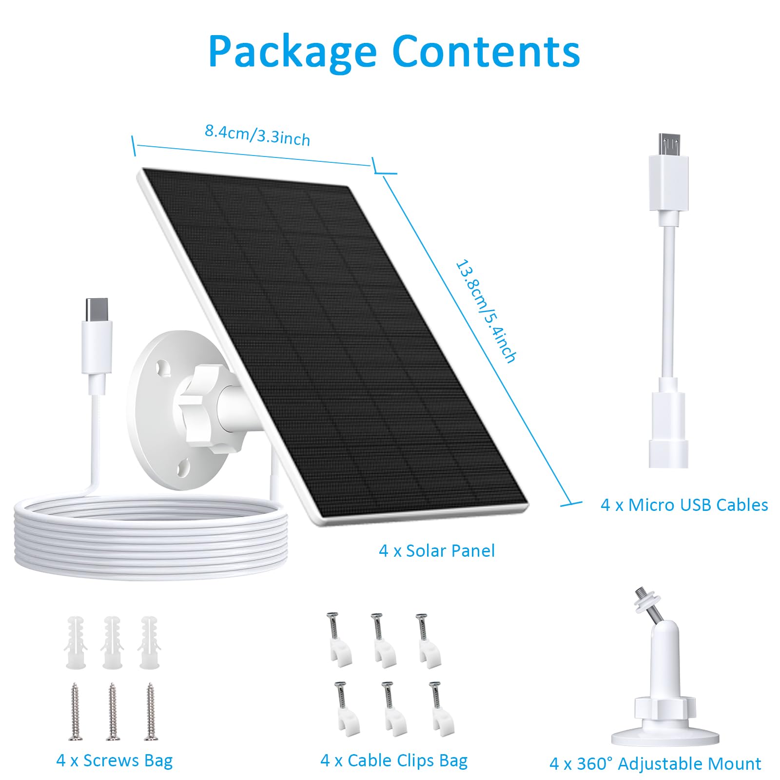 Pannello solare da 2 W per telecamera di sicurezza all'aperto, caricatore USB/USB-C con impermeabilità IP65, supporto regolabile a 360° e cavo da 2,2 m, compatibile con fotocamere a batteria
