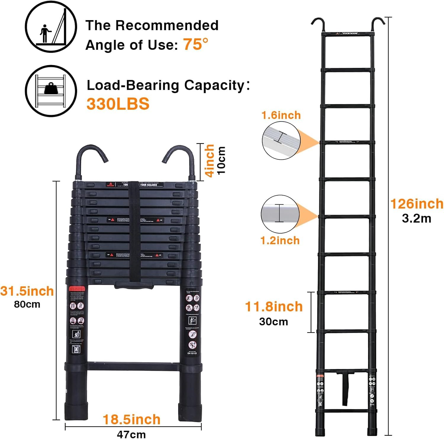 Teleskopleiter aus Aluminium, 3,5 m, Teleskopleiter mit 2 abnehmbaren Haken, 3,2 m Verlängerungsleiter, Mehrzweckleiter, schwarz, vollständig ausgezogen 320 cm, 150 kg Kapazität