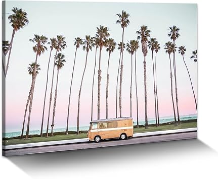 Coastal Landscape Canvas Wall Art Modern Tropical Palm Tree Prints Pink Sunset Artwork for Bathroom