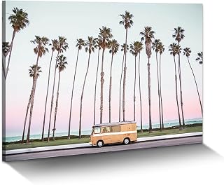 Coastal Landscape Canvas Wall Art: Modern Tropical Palm Tree Prints Pink Sunset Artwork for Bathroom