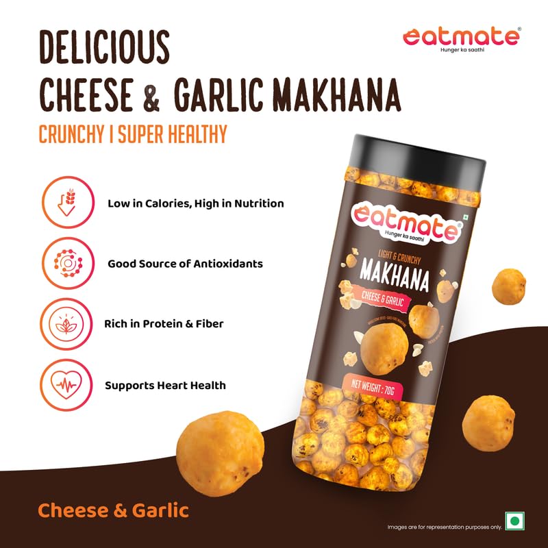 Eatmate Cheese & Garlic Phool Makhana | Roasted Fox Nuts Snack | Crispy Lotus Seeds | High Protein & Fiber Healthy Makhana | Ready to Eat Snack for Anytime Snacking (70g each, Pack of 3) 2