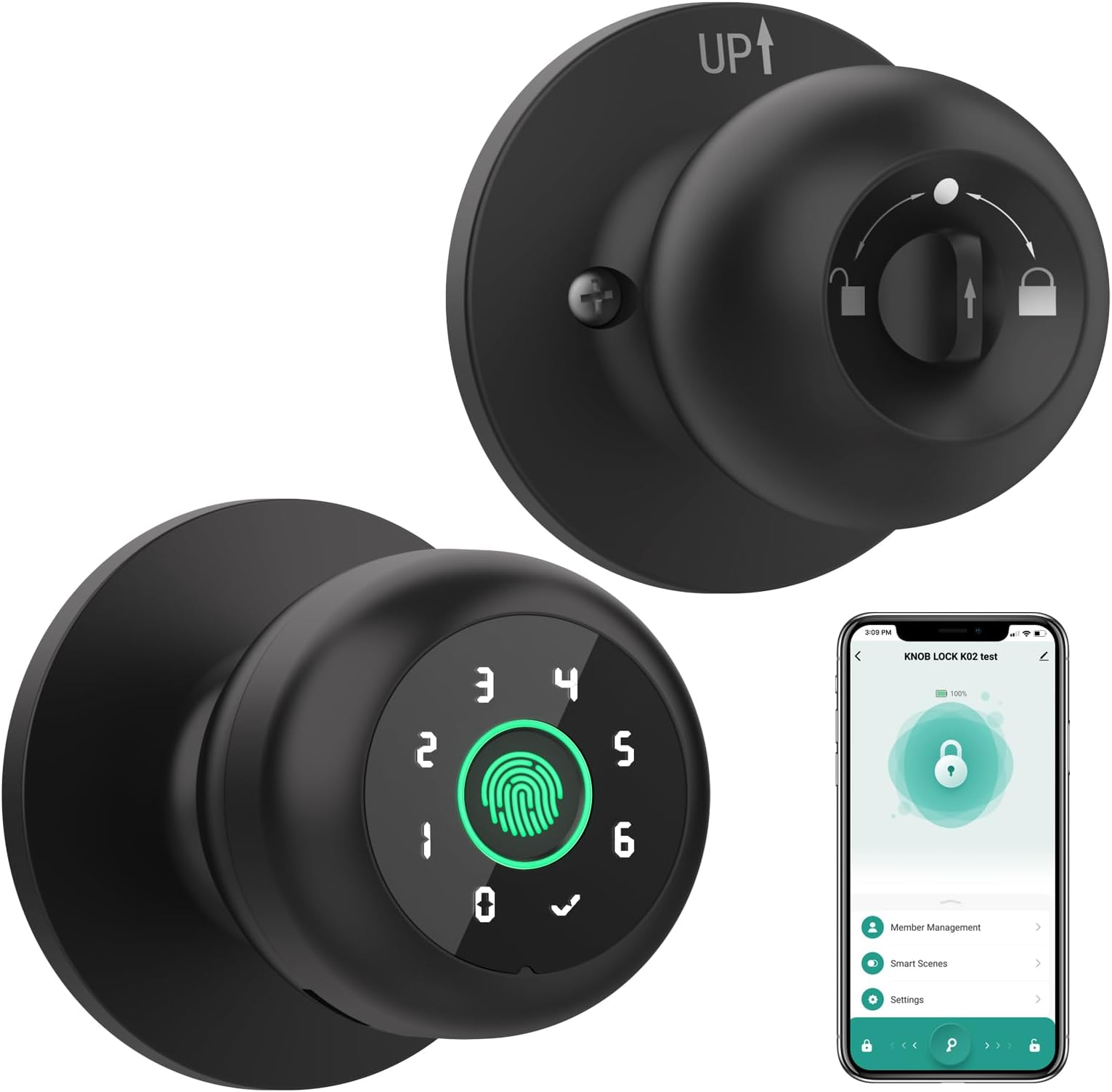 GHome 4 in 1 Smart Fingerprint Door Knob with Keypad Smart Door Lock, Biometric Door Knobs & App Control, Keyless Entry Door Lock Great for Home, Bedroom, Apartment Offices and Garages Black