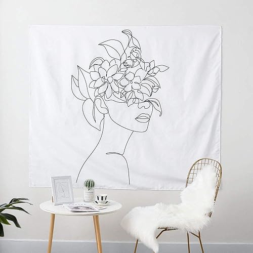 Miniatura 4 de IcosaMro Tapiz blanco y negro para colgar en la pared de dormitorio dobladillos doblados Cara abstracta de mujer con flores, decoración del hogar