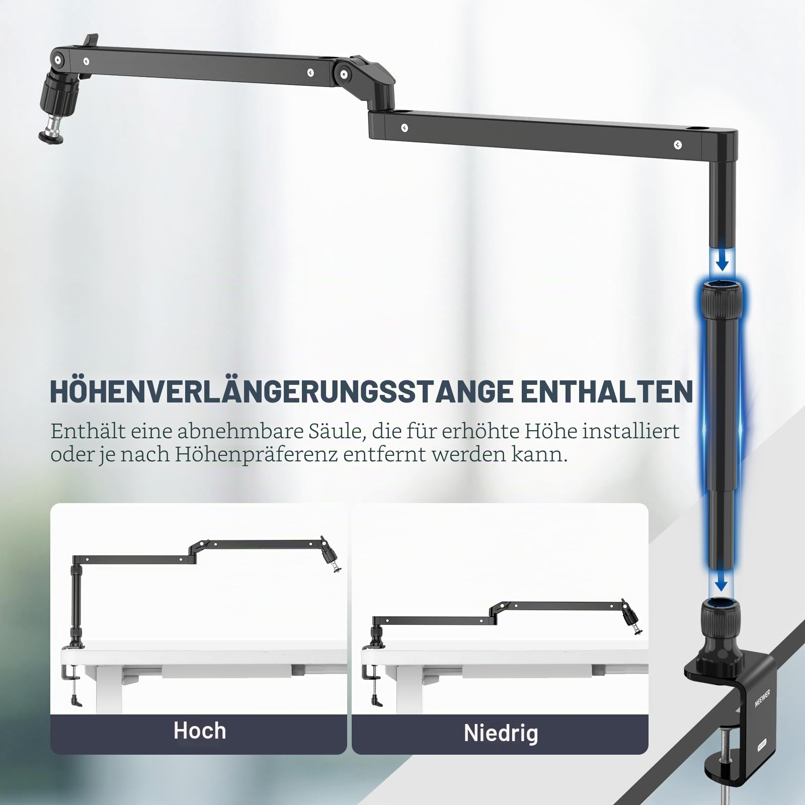NEEWER Mikrofonarm Ständer, Niedriges Profil Mic Arm Tischhalterung mit Dämpfung, 360° drehbarer Boom Arm mit erhöhter Stange und Kabelmanagement Kanälen, für Podcast Gaming Streaming Anrufe, MST002
