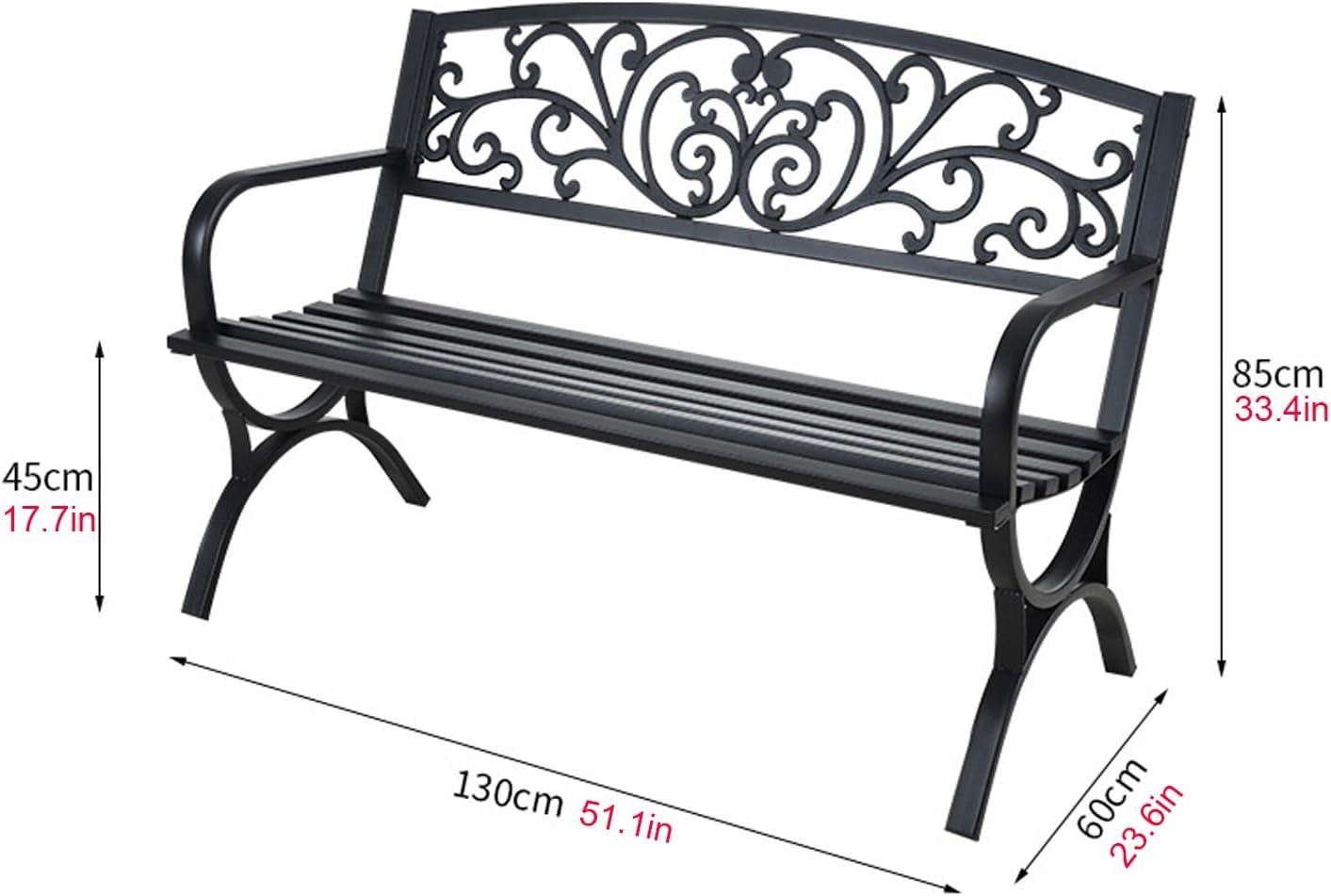 Outdoor Steel Garden Bench Park Seat Chair, Metal Patio Bench with Backrest and Armrests, Park Bench ,Load Capacity 300kg / 661lb, for Entryway, Porch, Backyard, Lawn, Porch Bench ( Color : B White )